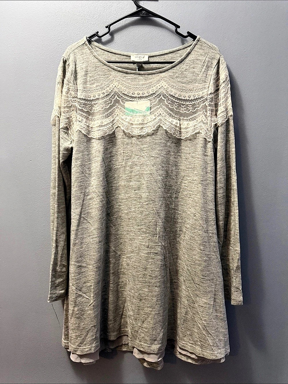 Umgee Lace Yoke Dress in Gray Large NWT